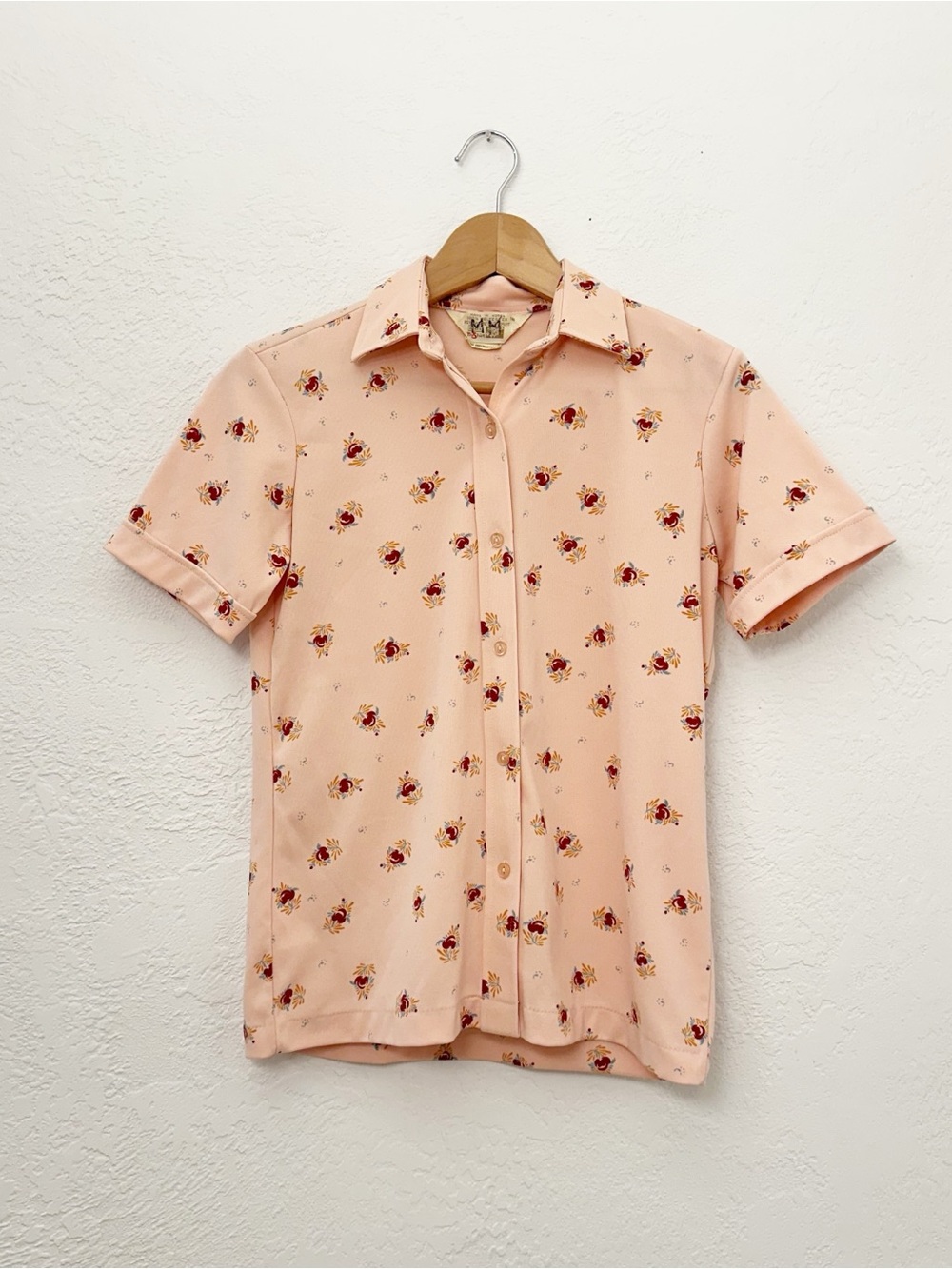 Vintage 60s 70s Sears The Fashion Place Button Front Peach Floral Shirt